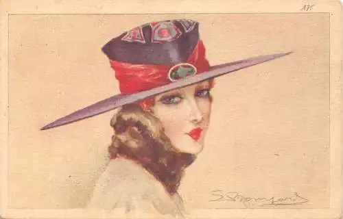 B087 Schönheit Glamour Mädchen Mode großer Hut Kunst von S. Bompard 1919 Postkarte