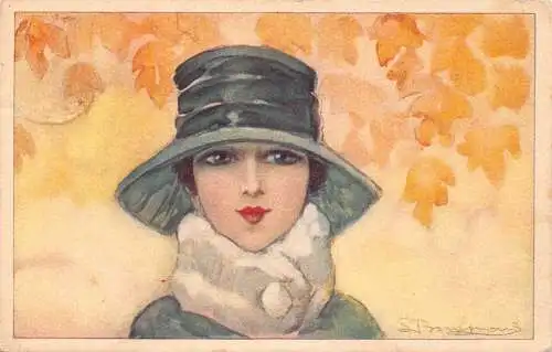 B087 Beauty Glamour im Stil der 20er Jahre Kunst von S. Bompard Autumn Leaves Postkarte