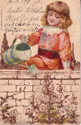 B087 Frühlingsgrüße blondes Mädchen streut Blume Neuheit Glitzer 1900 Postkarte