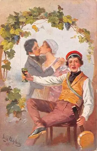 B087 Kunst von G Mühlberg Bauernpaar Weinberg Musiker Mandoline Wein Postkarte