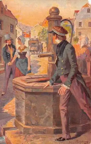 B087 Liebesromanische Kunst von G Mühlberg Mann pirscht Paar hinter Brunnen Postkarte