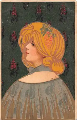 B088 Glamour Art Blonde Schönheit aus Profil Blumen im Haar Vintage Postkarte