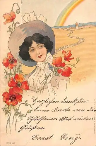 B088 Jugendstil 1900 Glamour Mohnblumen Regenbogenstraße Vintage Postkarte