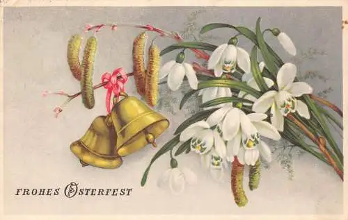 B089 Ostergrüße 1952 Glocken Schneeglöckchen Frühling Vintage Postkarte