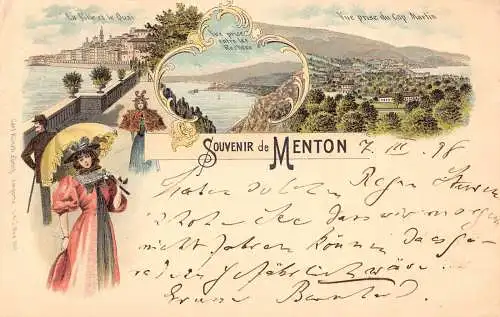 Frankreich Souvenir de Menton 1898 Litho Vintage Postkarte