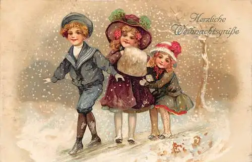 B089 Weihnachtsgrüße 1918 Kinder zu Fuß im Schnee Vintage Postkarte