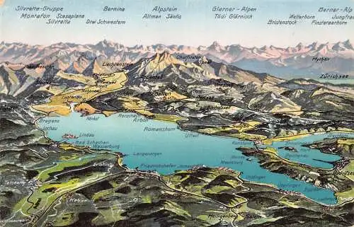 B090 Deutschland 1927 Bodensee und Rheinsee Karte Touristische Punkte Postkarte
