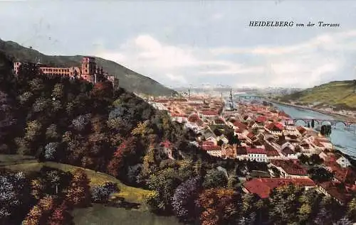 B090 Deutschland 1927 Heidelberg von Terrasse Panorma Vintage Postkarte