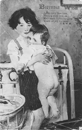 Geburtstagsgrüße 1928 kleiner Junge großzieht Baby Gedicht Vintage Postkarte