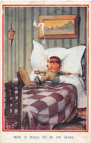 Comic Humor 1918 Soldat Junge Rauchen im Bett Wie es sich anfühlt, auf Urlaub zu sein Postkarte