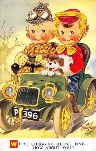 Bamforth Comic Humor Kinder Paar Hund Auto tuckert mit schöne Postkarte