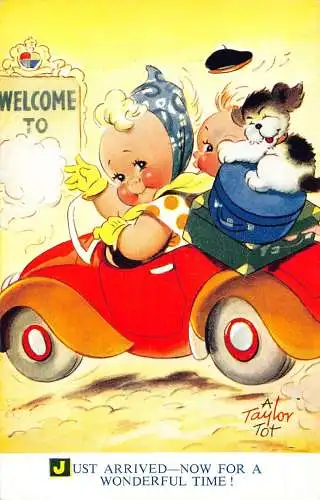 Bamforth Comic Humor Kinder Paar im Auto Hund ist gerade angekommen! Postkarte