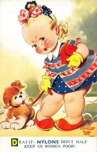 Bamforth Comic Humor Elegantes Mädchen Hund an der Leine Nylons sind nicht halb arm Postkarte