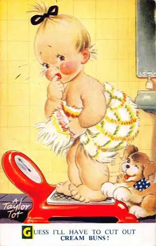Bamforth Comic Humor 1959 Little Girl on Scale Dog Cut Out Cream Buns Postkarte