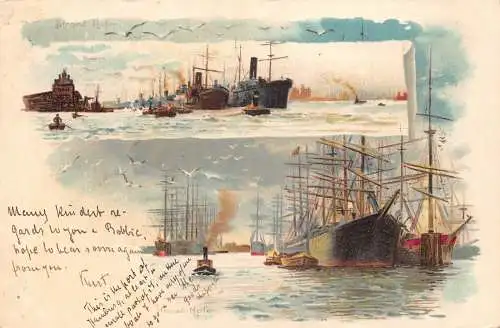 Deutschland Gruss aus Hamburg 1902 Schiffe Boote Litho Vintage Postkarte