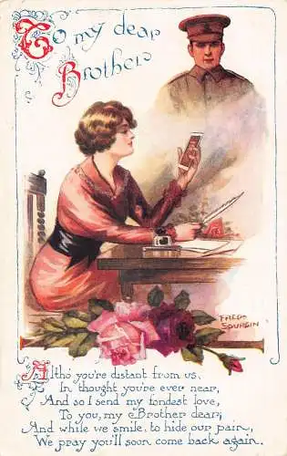 Bruder Gone in War Frau schreibt Brief hält Foto Rosen Gedicht Postkarte