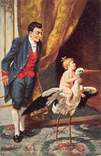 Comic Art von Gerstenhauer Butler Lachendes Baby mit Krone reitet Storch Postkarte