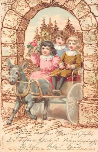Kunst von Carl Hirsch Konstanz 1900 Kinder im Eselwagen Rosenstrauß Postkarte