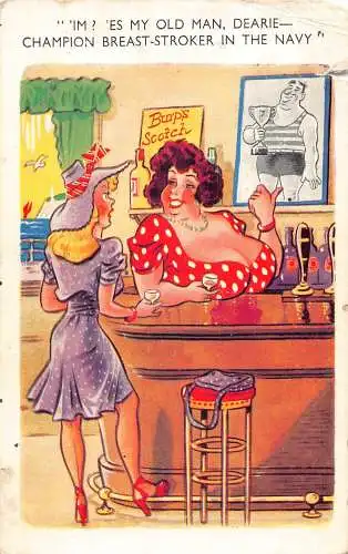 Comic Humor Frau in der Bar Breast Stroker Champion Burp's Scotch Werbepostkarte