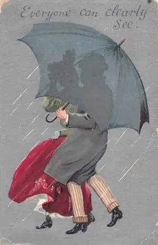 Geprägtes Paar küsst unter Regenschirm Schatten Jeder kann deutlich sehen Postkarte