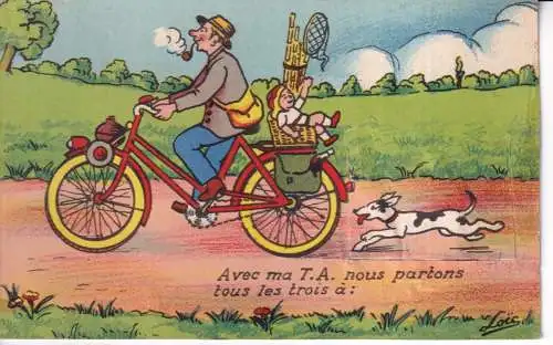 B080 Neuheit Schnittfenster Frankreich Radfahrer Rauchen Pfeife Baby Hund Postkarte