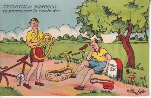 B080 Neuheit Schnittfenster Frankreich Radfahrer gefallen Comic Humor Cyclotin Postkarte