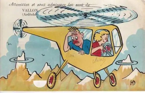 B080 Neuheit ausziehbares Frankreich Vallon Paar fährt Hubschrauber Comic Postkarte