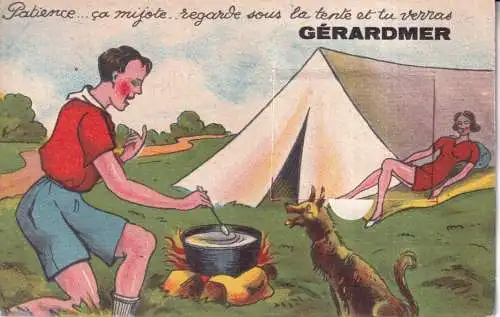 B080 Neuheit Auszug Frankreich 1955 Gerardmer Paar Camping Hund Postkarte