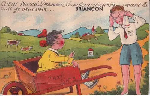B080 Neuheit ausziehbar Frankreich Briancon Kinder Taxi Wagen Dorf Humor Postkarte