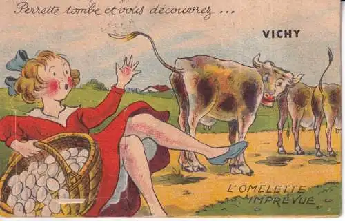 B080 Neuheit ausziehbar Frankreich Vichy Humor Mädchen Eierkorb Kühe Postkarte
