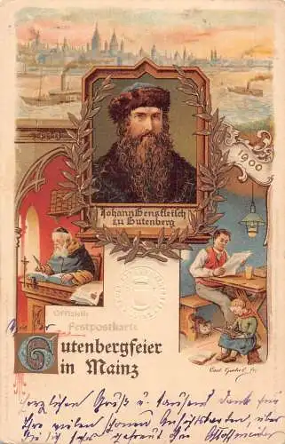 Deutschland Gruss aus Mainz 1900 Gutenberg Litho Vintage Postkarte