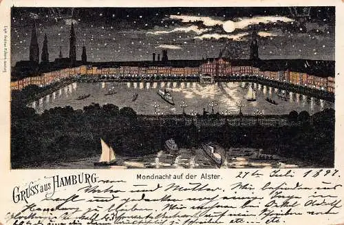 Deutschland Gruss aus Hamburg 1897 Mondnacht auf der Alster Litho Vintage Postkarte