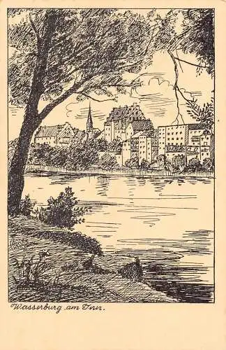 Deutschland Wasserburg ein Gasthaus Künstlerkarte Vintage Postkarte