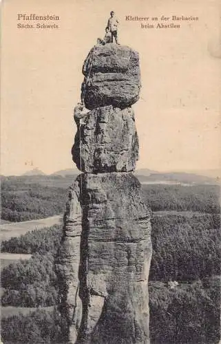 Deutschland 1920 Abseilen der Barbarine Pfaffenstein Klippe Bergsteiger Postkarte