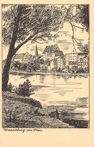 Deutschland Wasserburg am Inn Flussansicht Kunst Vintage Postkarte