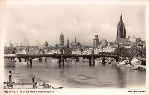 Deutschland 1940 Frankfurt a M Blick auf Stadt u Obermainbrücke Dampfschiff Postkarte
