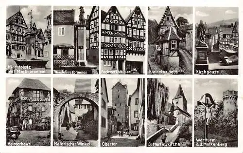 Deutschland 1958 Bad Orb Spessart Multiview Kirchgasse Meisterhaus Obertor Postkarte