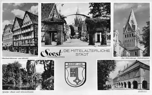 Deutschland Soest Rathaus Großer Teich Wiesenkirche Wappen RPPC Postkarte