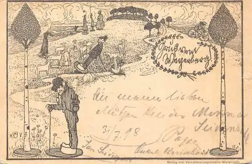 Gruss vom ... 1898 Radfahrer Künstlerkarte signiert Vintage Postkarte