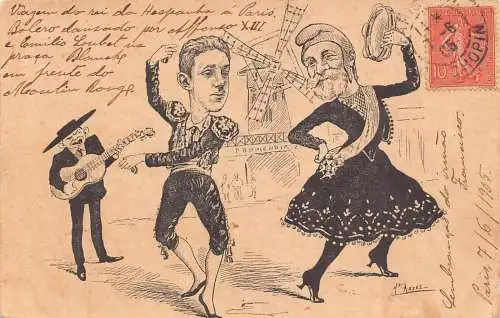 Loubet und König Alfons von Spanien 1905 Besuch in Paris Satire Flamenco Postkarte