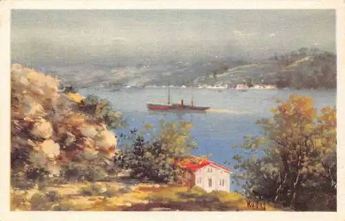 Türkei Konstantinopel Istanbul Bosporus Dampfschiff Kunst Vintage Postkarte