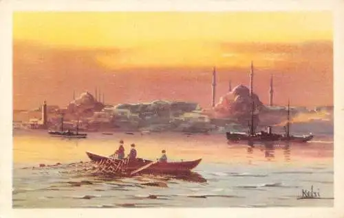 Türkei Istanbul Goldenes Horn Halic Fischer Boot Kunst Vintage Postkarte