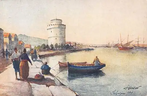 Griechenland Thessaloniki Saloniki Der Weiße Turm Boote Fischer Kunst Postkarte
