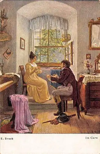 B087 Kunst von E Brack Gentleman hilft Liebhaber Wolle zu weben Love Romance Postkarte