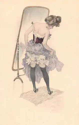 B088 Glamour Schönheit Frau im Kabarett Kleid Spiegel Kunst Postkarte