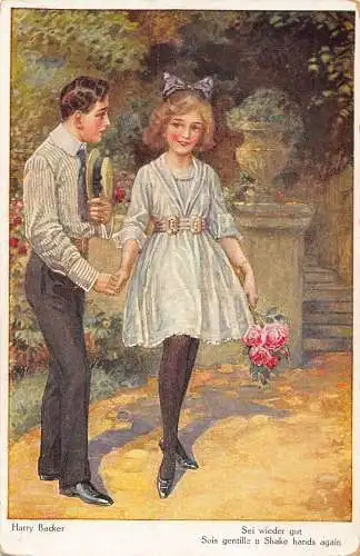 B087 Liebe Romantik Kunst von Harry Backer Schütteln Sie sich wieder die Hände Paar Rosen Postkarte