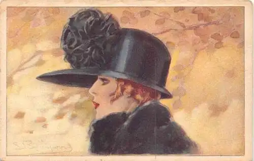B087 Beauty Glamour Girl im Jazz Stil Kunst von S. Bompard Autumn Leaves Postkarte