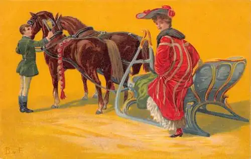 B086 Glamour Art Schönheit steigt ins Pferd Schlitten Vintage Postkarte