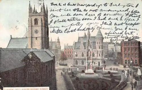 England 1906 St Andrews Cross and Municipal Buildings Plymouth Vintage Postkarte