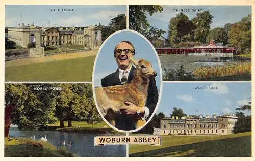England Woburn Abbey Westfront Mann Hirsch Pferd Teich Ostfront Postkarte